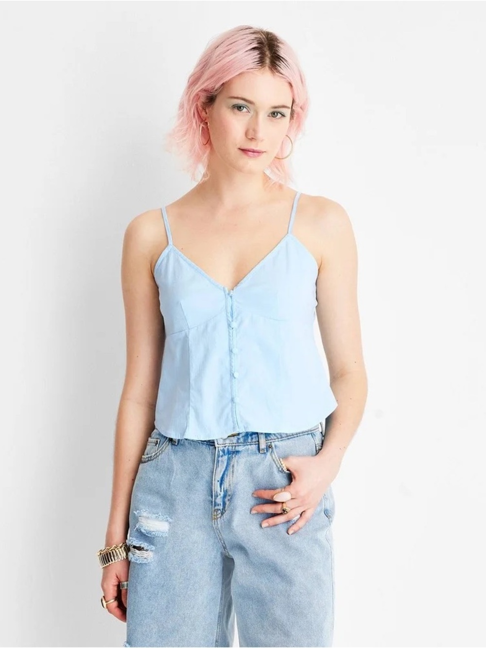Future Collective Alani Noelle Light Blue Button-Front Spaghetti Strap Camisole